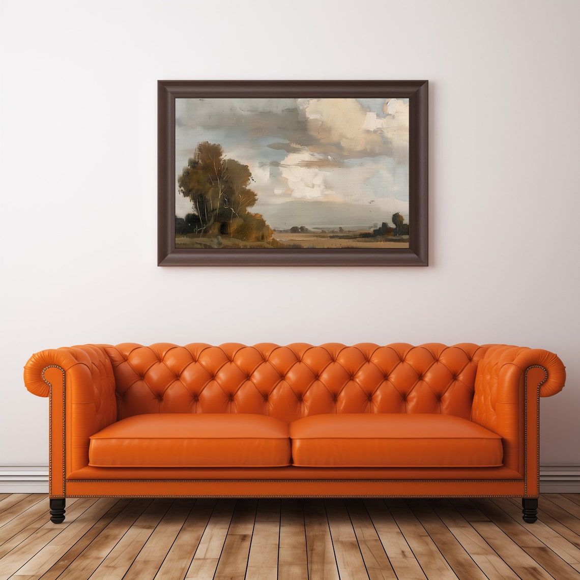 Rustic Autumn Field Landscape Painting Warm Tones Big Clouds Wall Art - Image 4