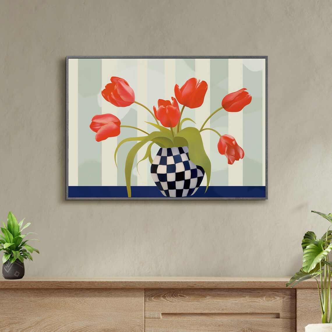 Red Tulips In Checkered Vase Striped Background Floral Wall Art - Image 3