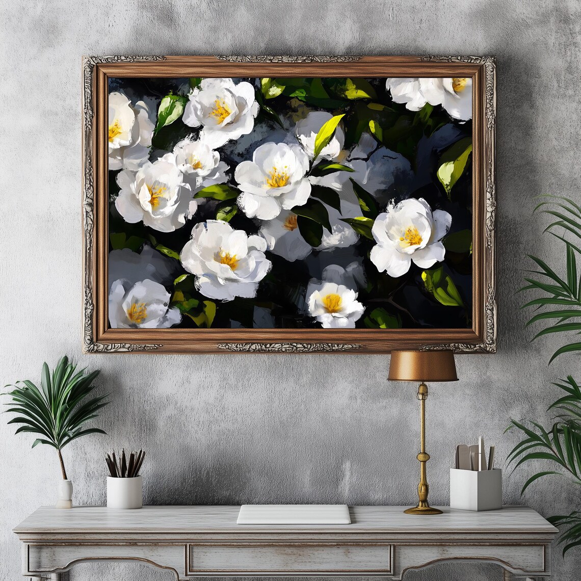 White Camellia Flowers Dark Floral Oil Painting Vintage Art Poster - Image 3
