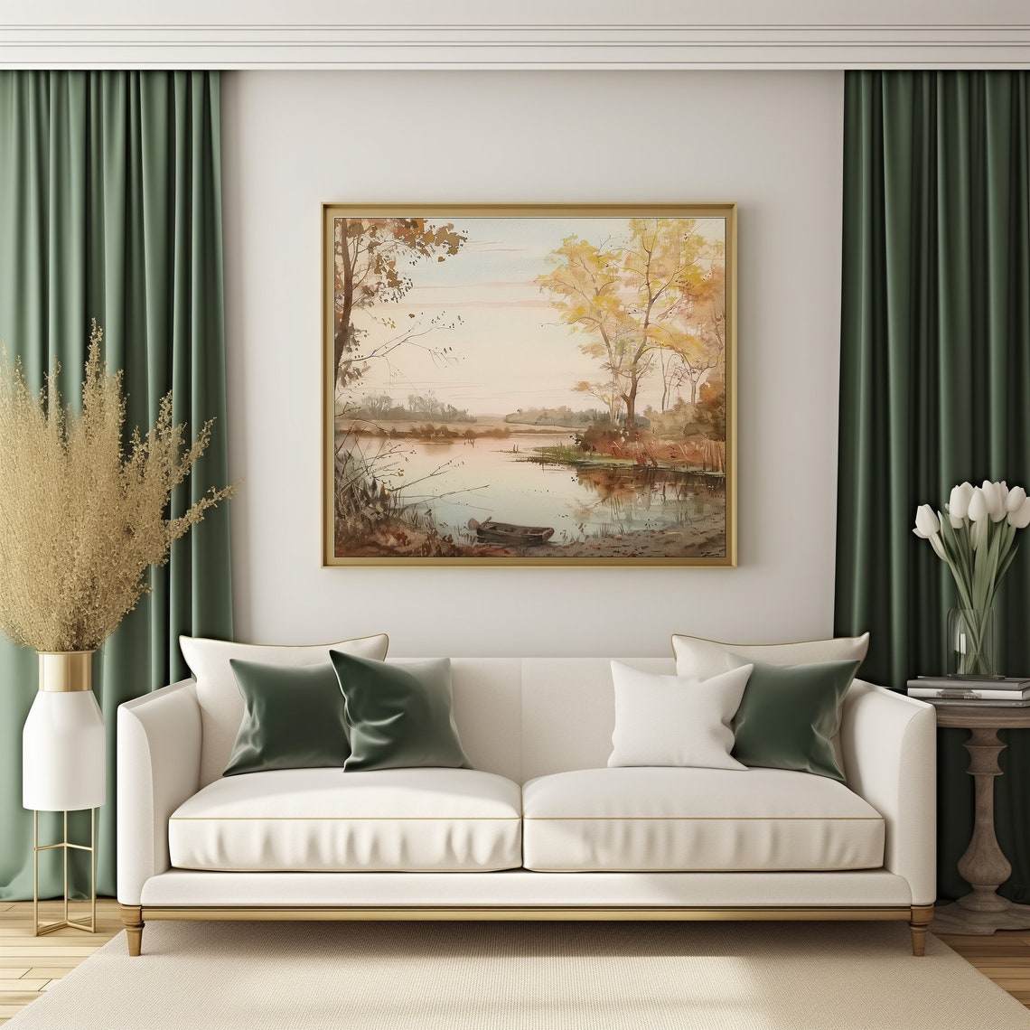 Muted Autumn Pond Watercolor Rowboat Birch Trees Serene Fall Poster - Image 3