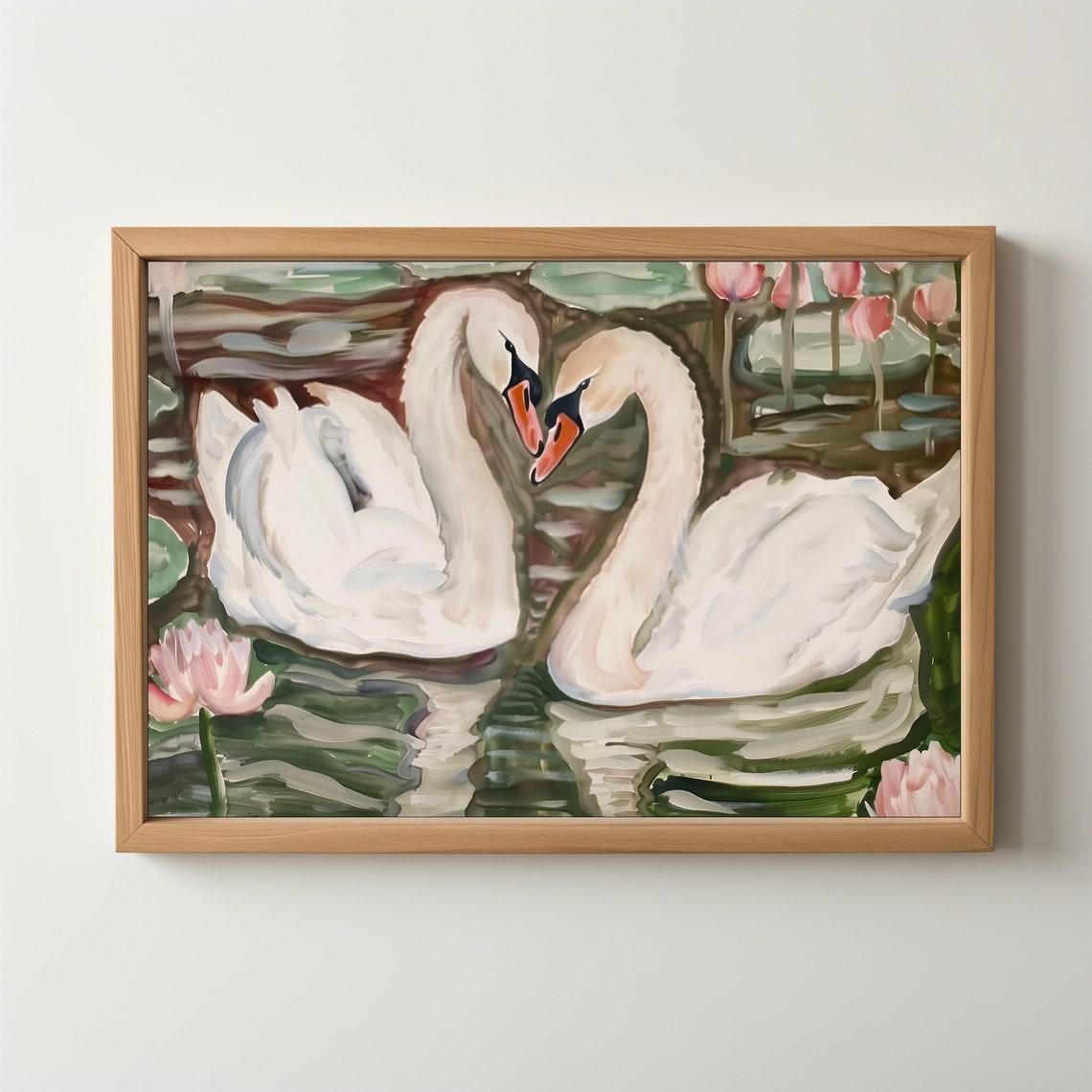Two White Swans Heart Shape Water Lilies Romantic Lake Painting Poster