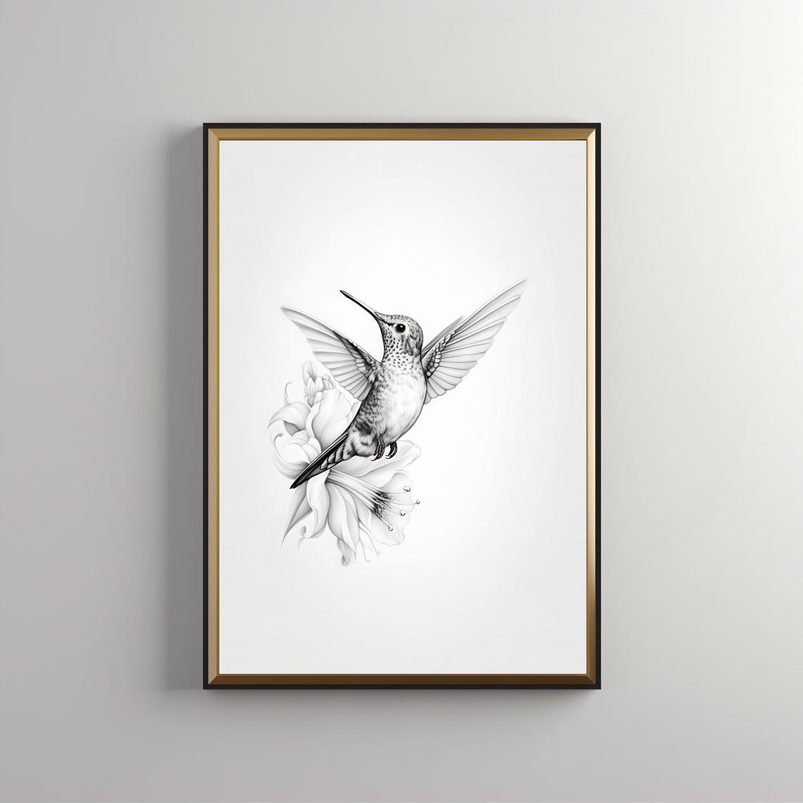 Hummingbird With Lily Black And White Fine Line Sketch Art Poster