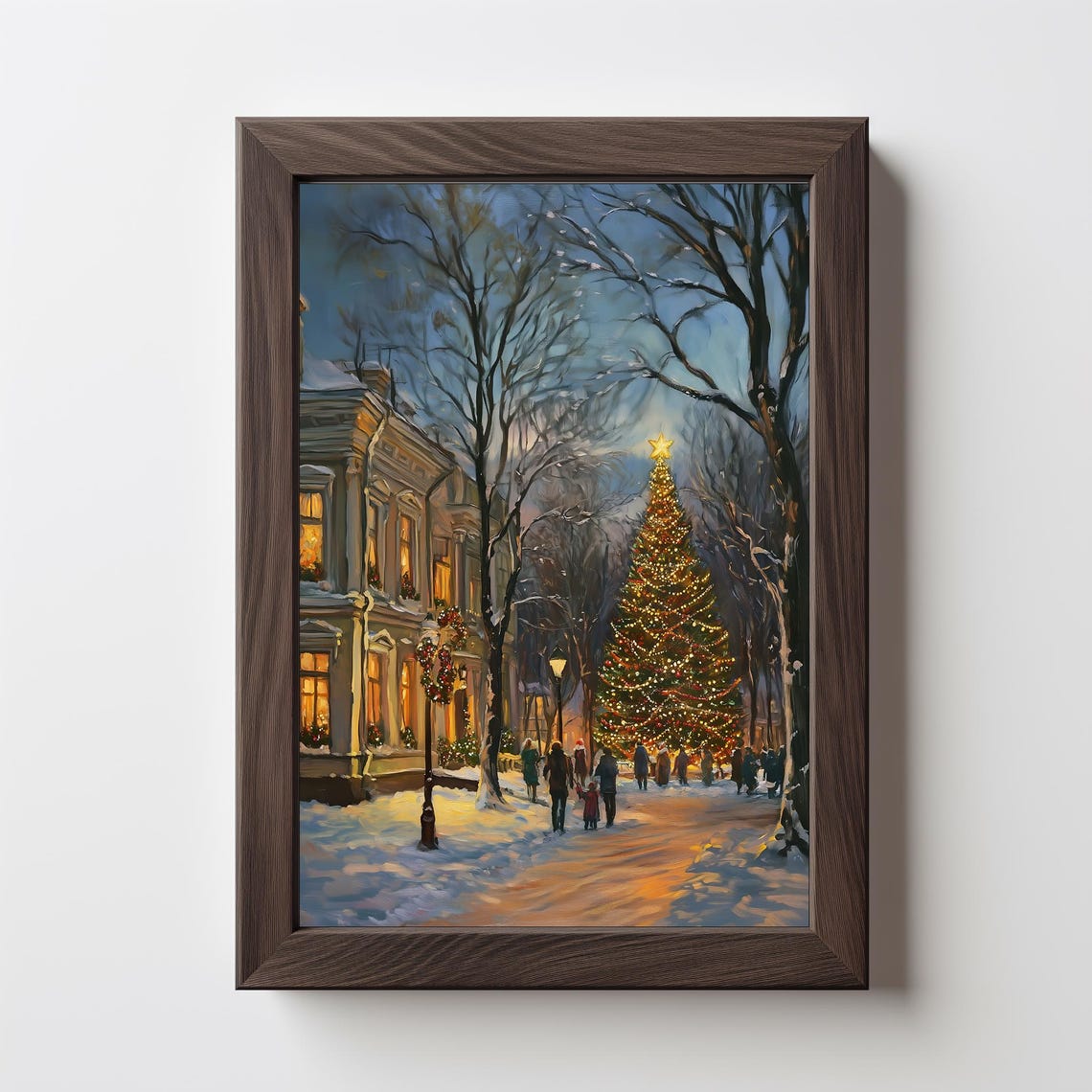 Snowy Town Street With Glowing Christmas Tree Night Holiday Poster