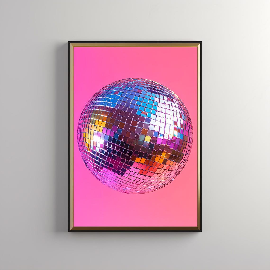 Silver Disco Ball On Bright Pink Background Trendy Party Art Poster
