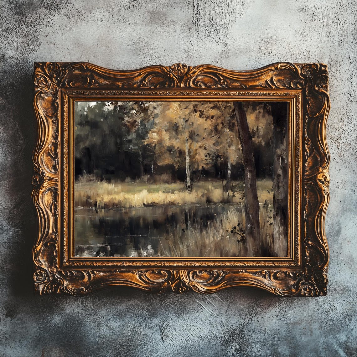 Moody Autumn Pond Birch Trees Dark Forest Reflection Oil Poster - Image 5