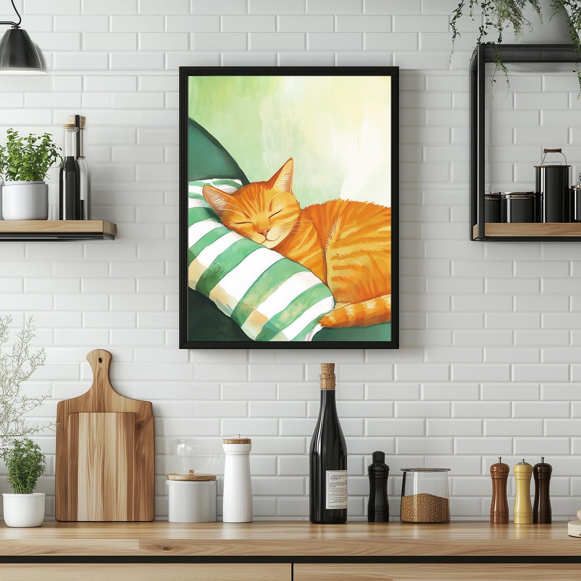 Orange Tabby Cat Sleeping On Striped Pillow Cute Pet Wall Art - Image 3