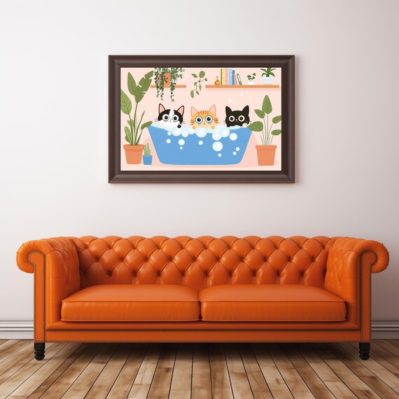 Three Cats In Bubble Bath Cute Bathroom Kitty Animal Cartoon Poster