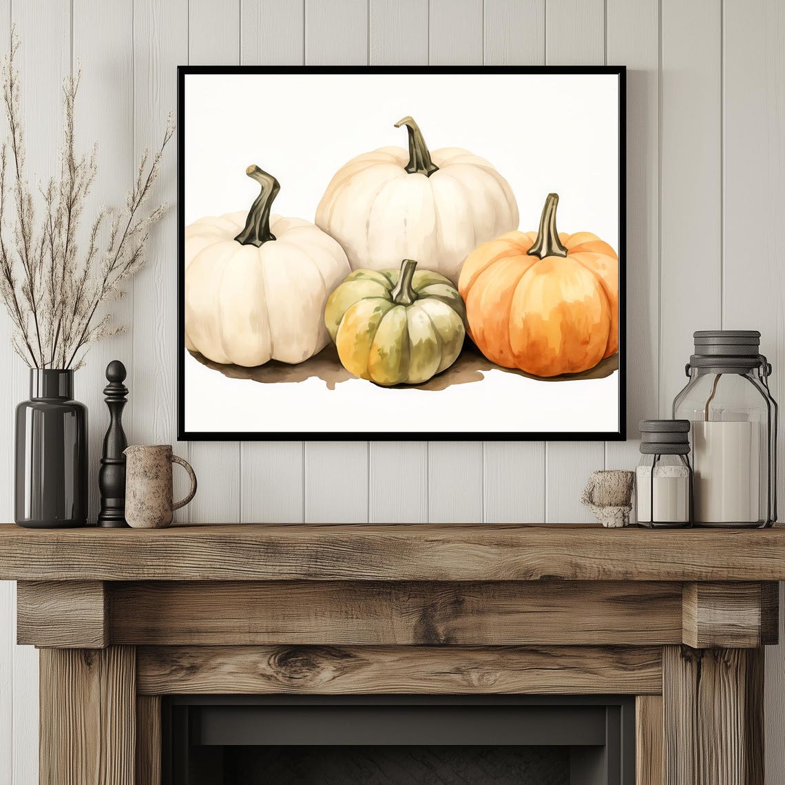Watercolor Pumpkins White Orange Green Fall Harvest Rustic Wall Poster - Image 2