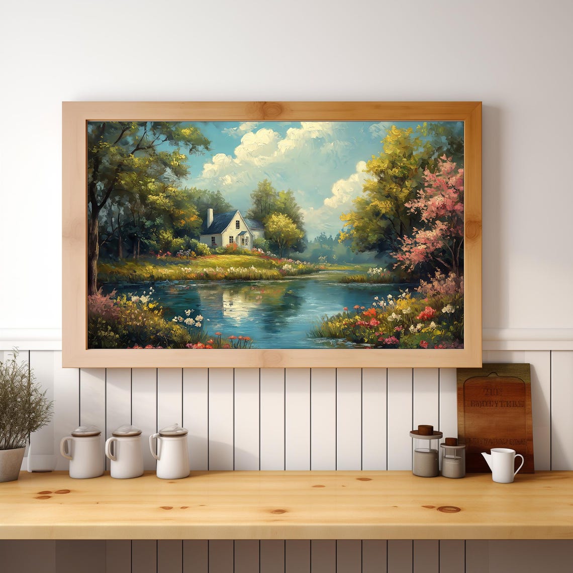 Charming Cottage By The Pond Spring Garden Flowers Landscape Poster - Image 2