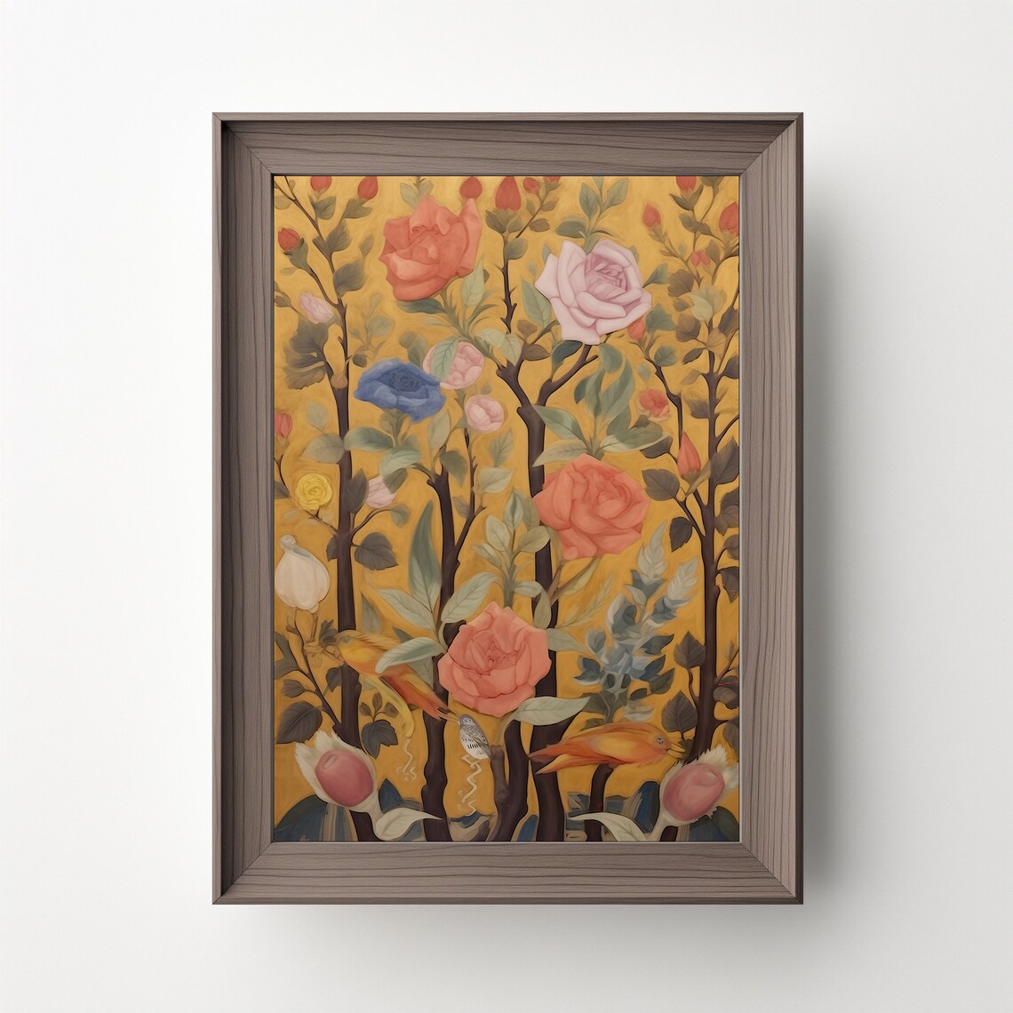 Folk Art Roses Birds Golden Background Vintage Botanical Style Poster
