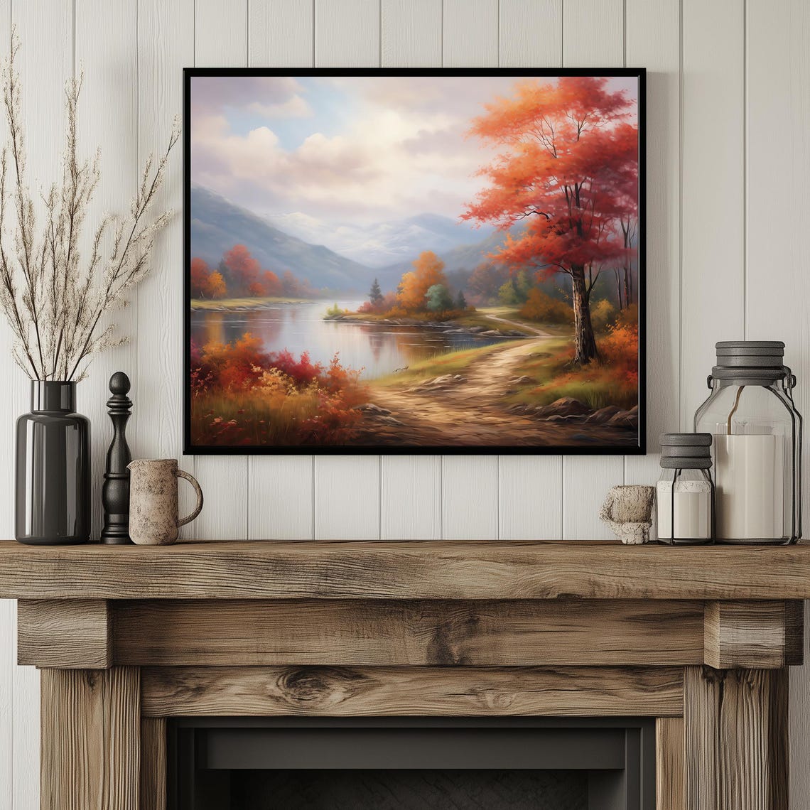 Autumn Lakeside Forest Path Red Maple Vintage Fall Landscape Poster - Image 2