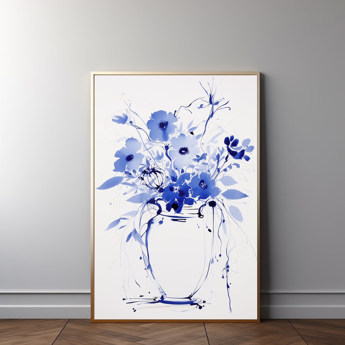 Blue Ink Botanical Floral Sketch Chinoiserie Style Minimalist Poster - Image 4