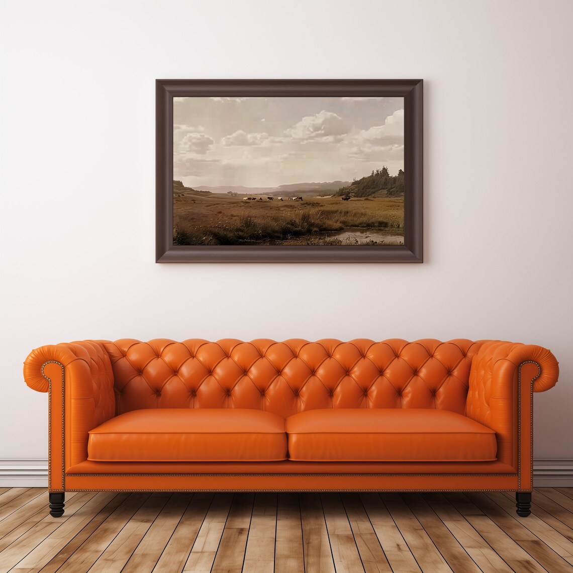 Grazing Cows Vintage Sepia Valley Moorland Rustic Landscape Oil Poster - Image 3