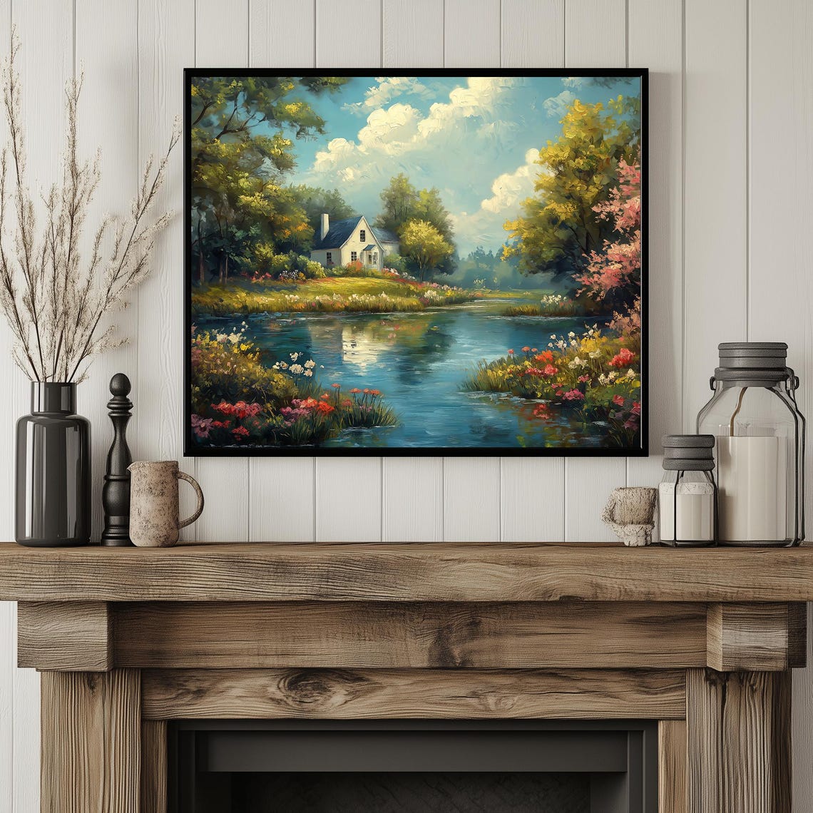 Charming Cottage By The Pond Spring Garden Flowers Landscape Poster - Image 3
