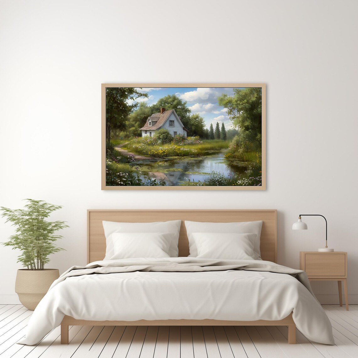 White Cottage By The Pond Summer Garden Vintage Landscape Art Poster - Image 2