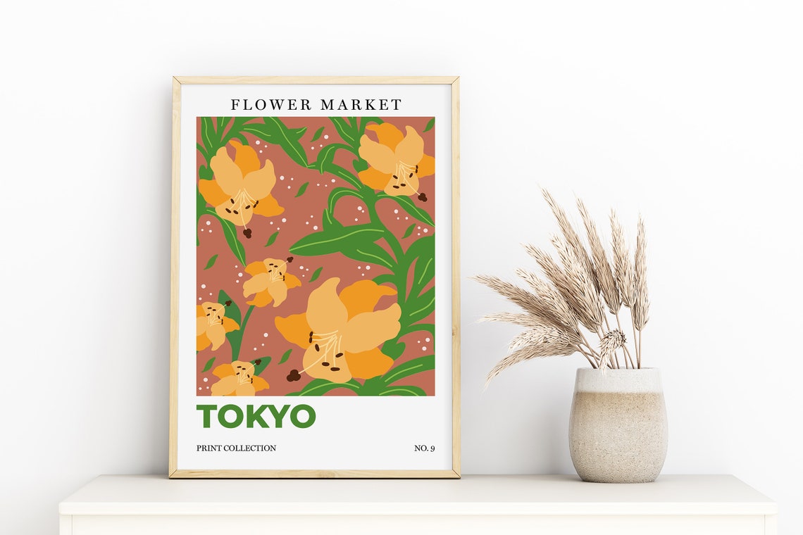 Tokyo Flower Market Yellow Lilies Botanical Retro City Art Poster - Image 2
