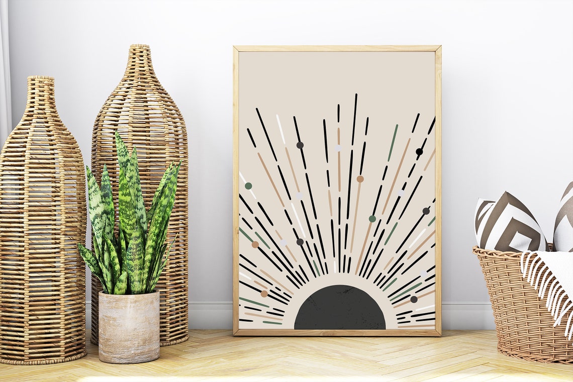 Warm Abstract Rising Sun Radiating Lines Mid Century Boho Poster - Image 4