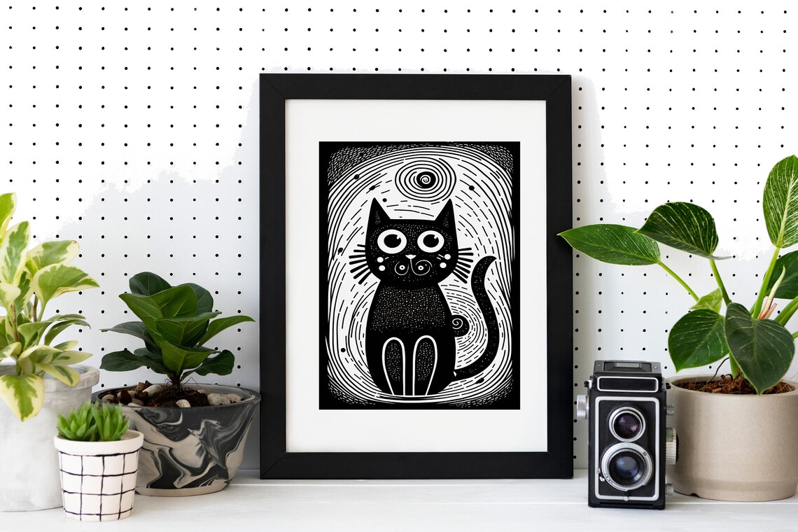 Black Cat Woodcut Style Big Eyes Whimsical Folk Art Animal Poster - Image 4