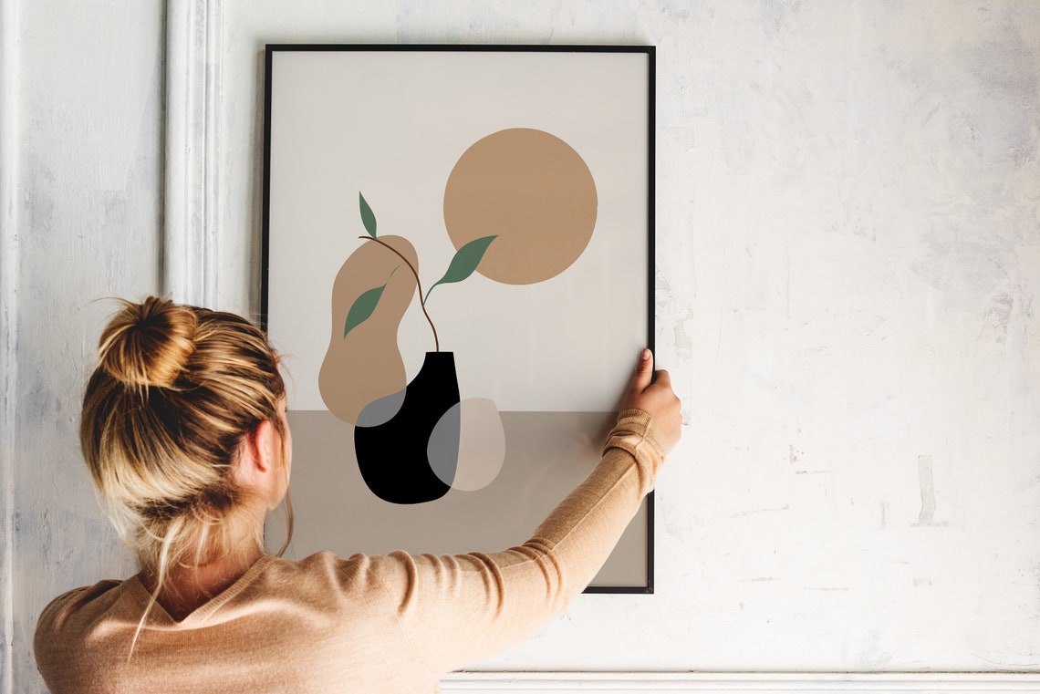 Abstract Vase Green Branch Sun Neutral Modern Still Life Poster - Image 4