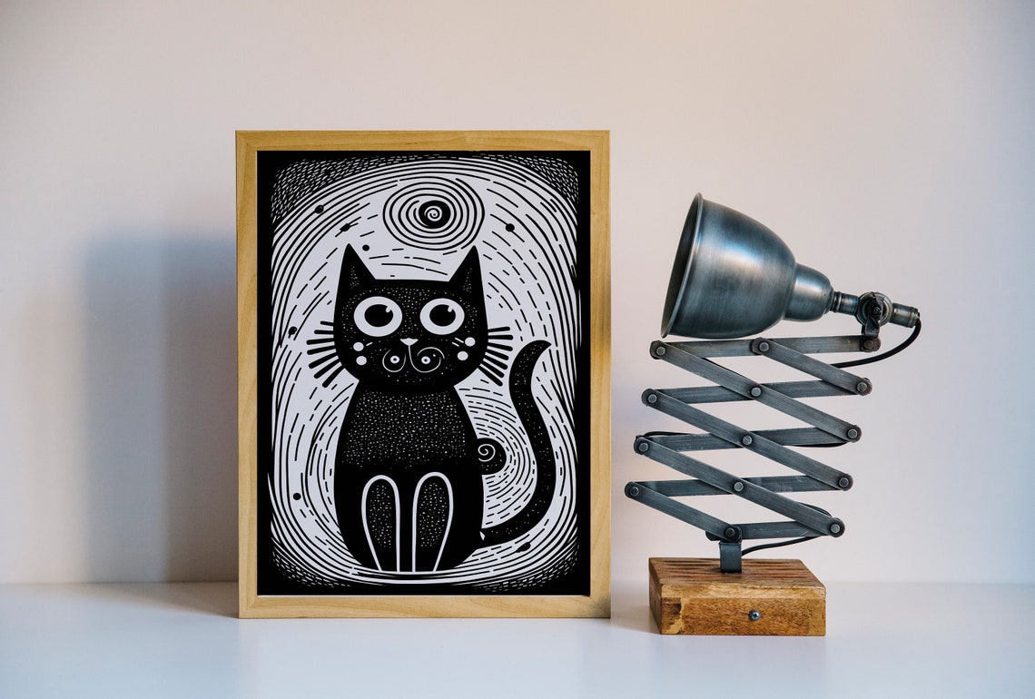 Black Cat Woodcut Style Big Eyes Whimsical Folk Art Animal Poster - Image 3