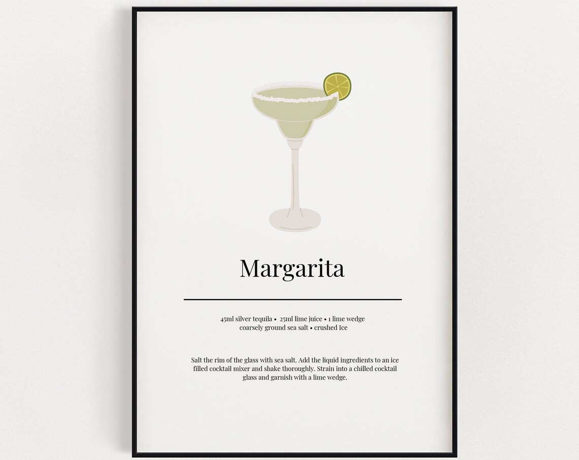 Margarita Recipe Minimalist Cocktail Art Print Kitchen Bar Cart Wall Decor