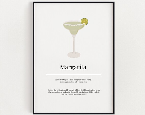 Margarita Recipe Minimalist Cocktail Art Print Kitchen Bar Cart Wall Decor