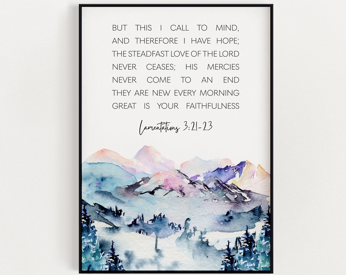 Lamentations 3:21-23 Watercolor Mountains Poster Bible Verse Home Decor