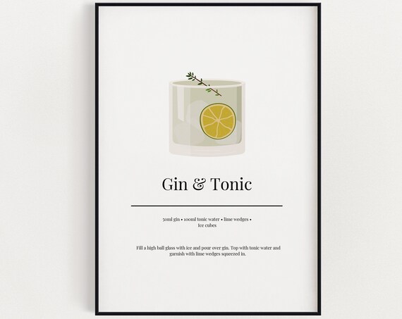 Gin and Tonic Recipe Minimalist Cocktail Art Print Bar Cart Kitchen Decor