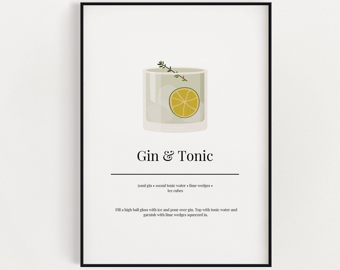 Gin and Tonic Recipe Minimalist Cocktail Art Print Bar Cart Kitchen Decor