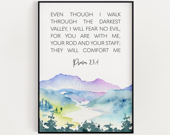 Psalm 23:4 Watercolor Valley Poster Bible Verse Christian Home Decor