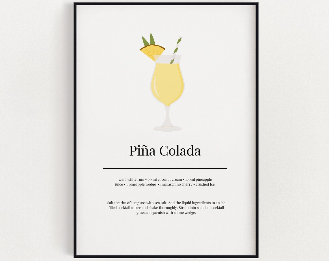Pina Colada Recipe Minimalist Cocktail Art Print Kitchen Bar Cart Wall Decor