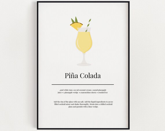 Pina Colada Recipe Minimalist Cocktail Art Print Kitchen Bar Cart Wall Decor