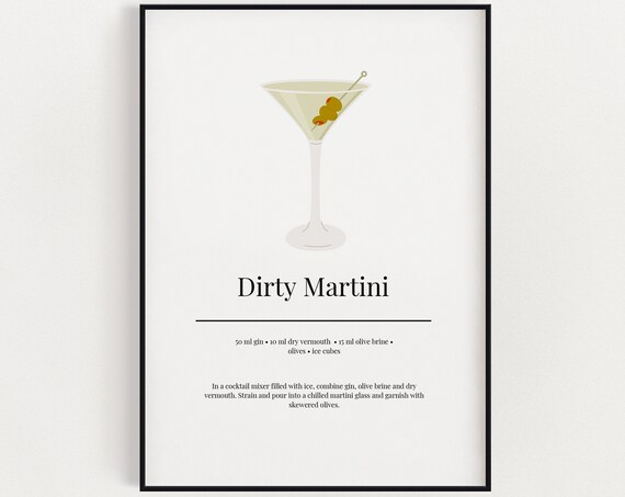 Dirty Martini Recipe Minimalist Cocktail Art Print Bar Cart Kitchen Decor