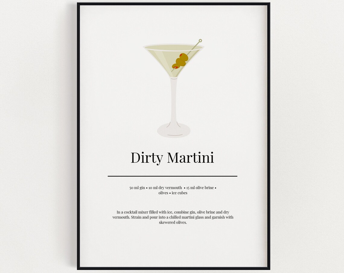 Dirty Martini Recipe Minimalist Cocktail Art Print Bar Cart Kitchen Decor