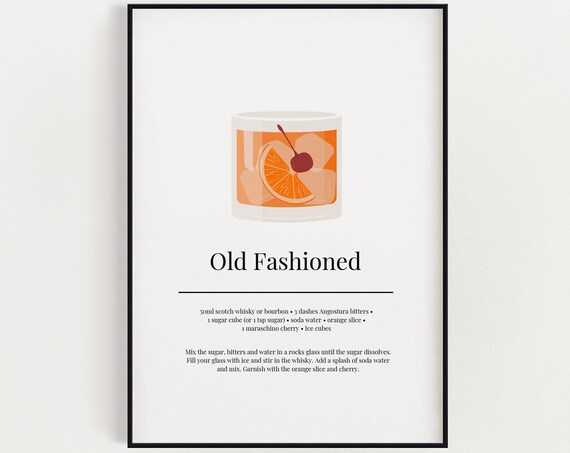 Old Fashioned Recipe Minimalist Cocktail Art Print Bar Cart Kitchen Decor