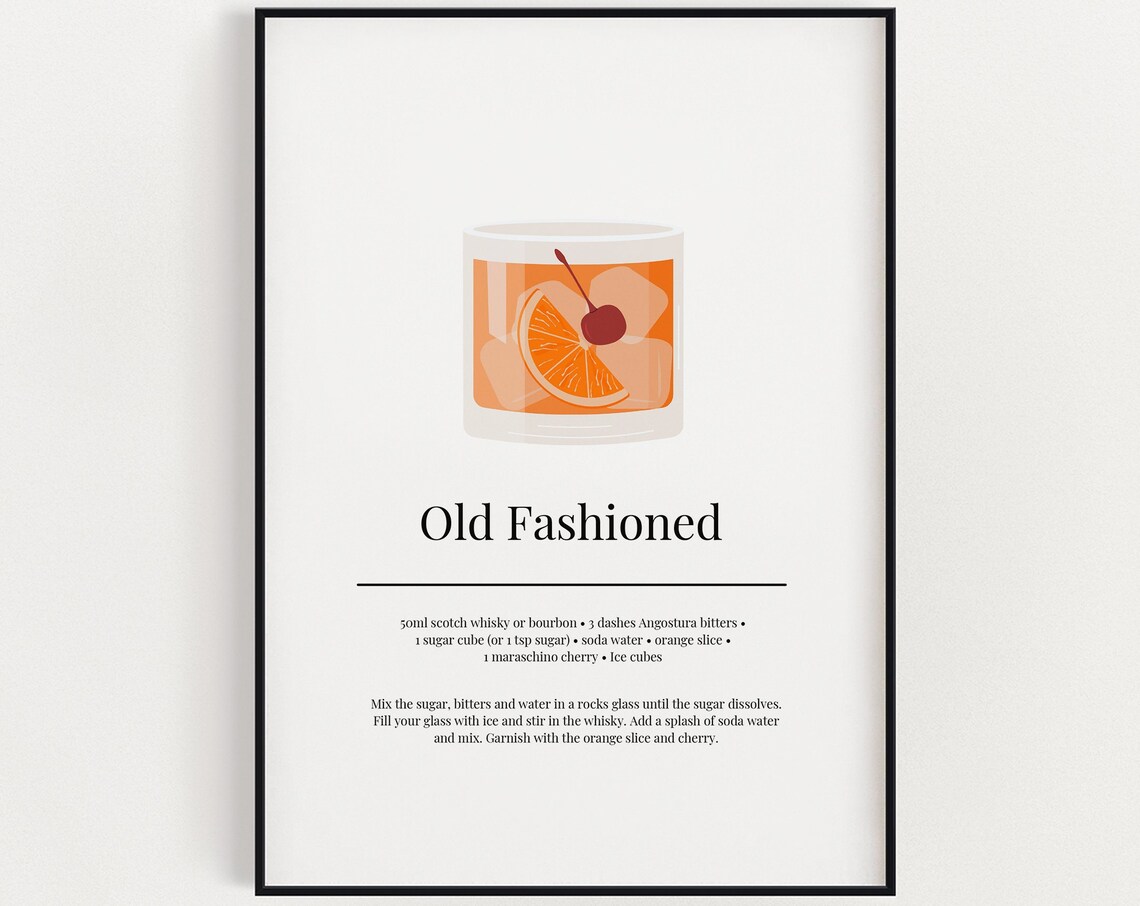 Old Fashioned Recipe Minimalist Cocktail Art Print Bar Cart Kitchen Decor