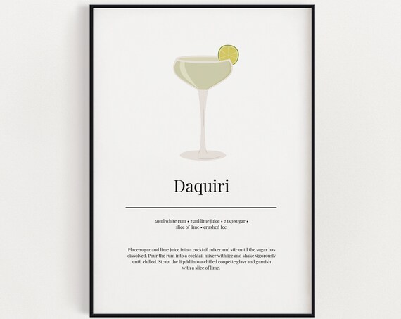 Daquiri Recipe Minimalist Cocktail Art Print Kitchen Bar Cart Wall Decor