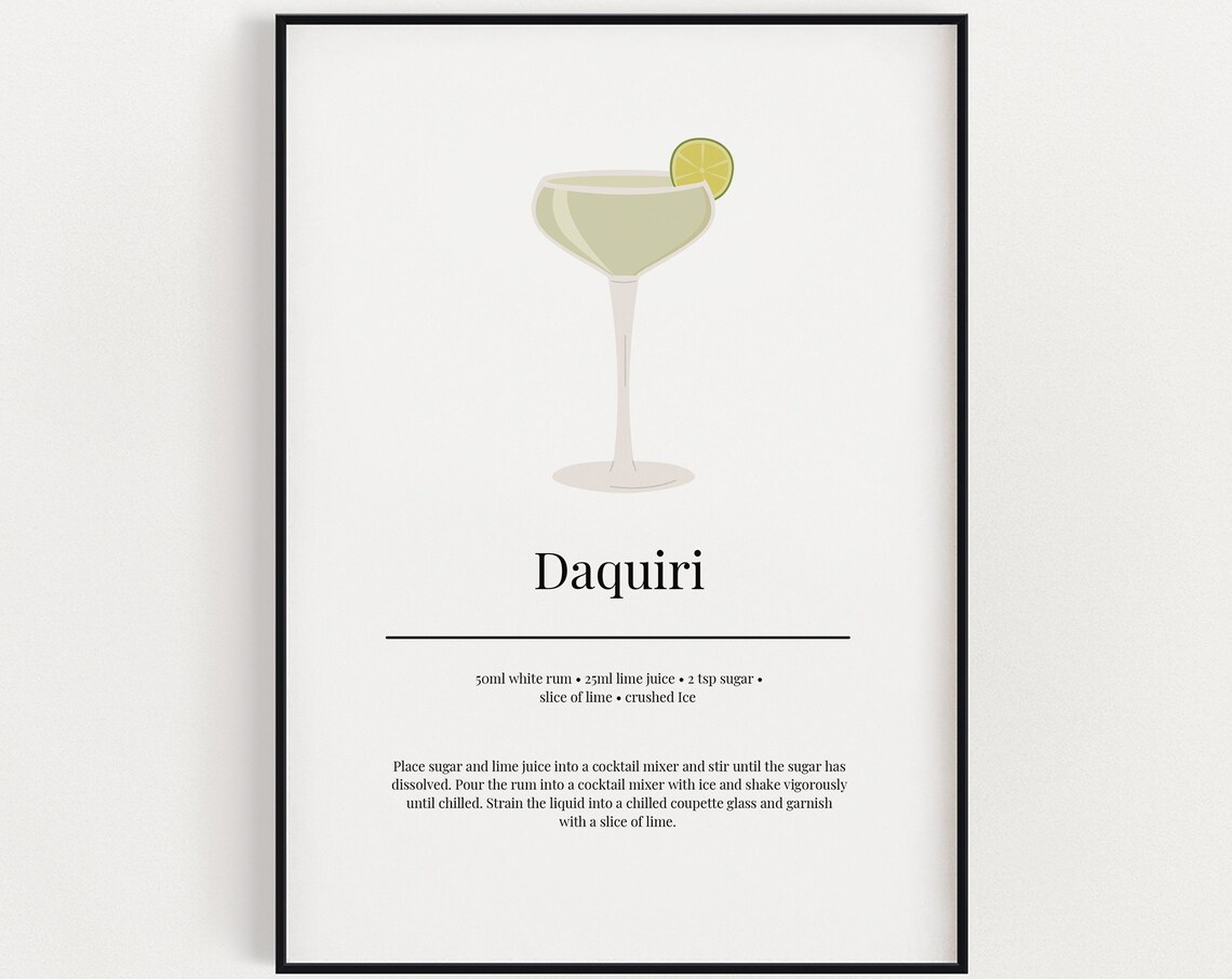 Daquiri Recipe Minimalist Cocktail Art Print Kitchen Bar Cart Wall Decor