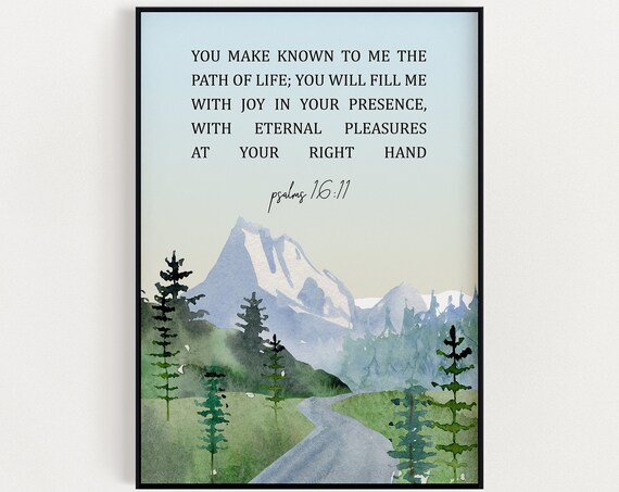 Psalm 16:11 Watercolor Mountain Bible Verse Scripture Art Poster