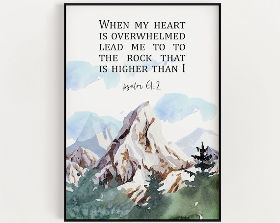 Psalm 61:2 Bible Verse Mountain Watercolor Encouragement Poster
