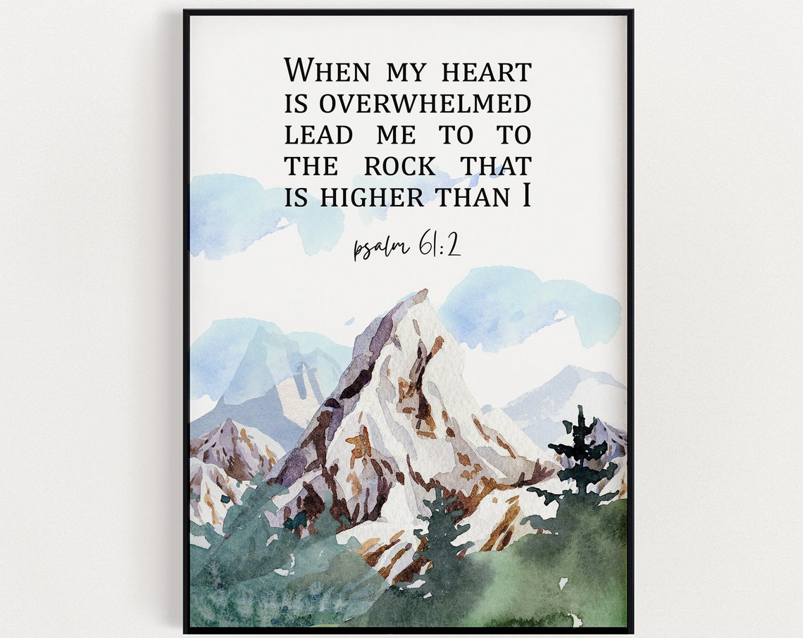 Psalm 61:2 Bible Verse Mountain Watercolor Encouragement Poster