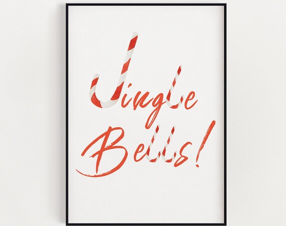 Jingle Bells Candy Cane Script Red Christmas Holiday Art Print