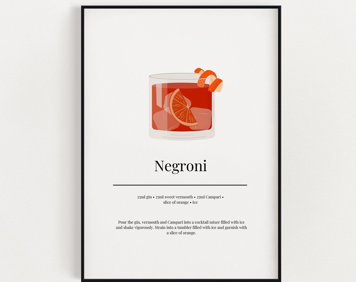 Negroni Recipe Minimalist Cocktail Art Print Kitchen Bar Cart Wall Decor