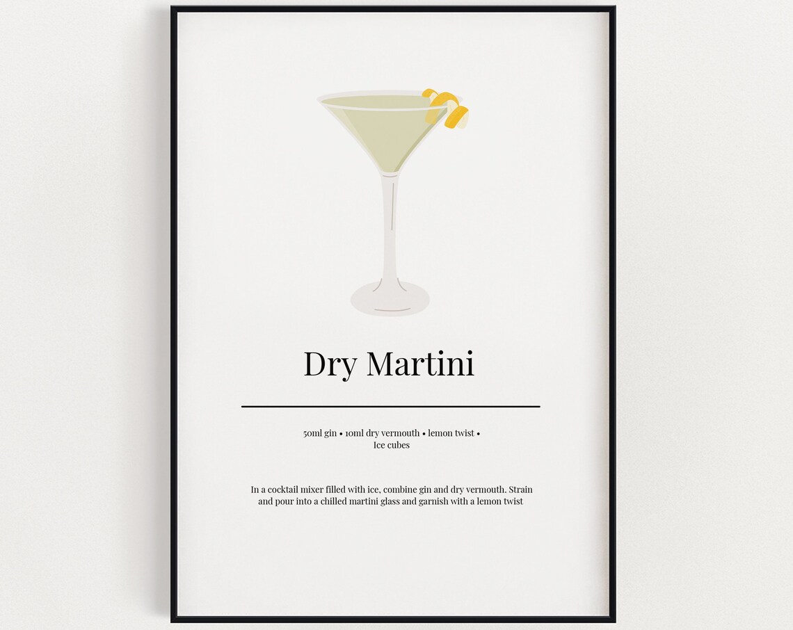 Dry Martini Recipe Minimalist Cocktail Art Print Kitchen Bar Cart Wall Decor