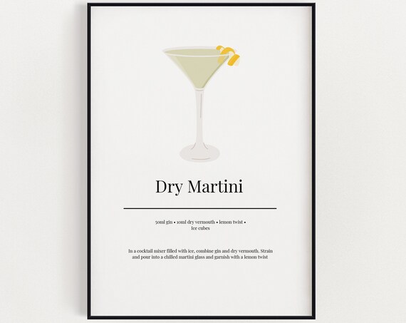 Dry Martini Recipe Minimalist Cocktail Art Print Kitchen Bar Cart Wall Decor