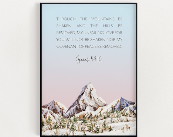 Isaiah 54:10 Bible Verse Snowy Mountain Watercolor Scene Poster