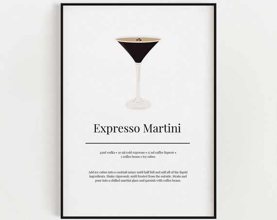 Expresso Martini Recipe Minimalist Cocktail Art Print Kitchen Bar Cart Decor