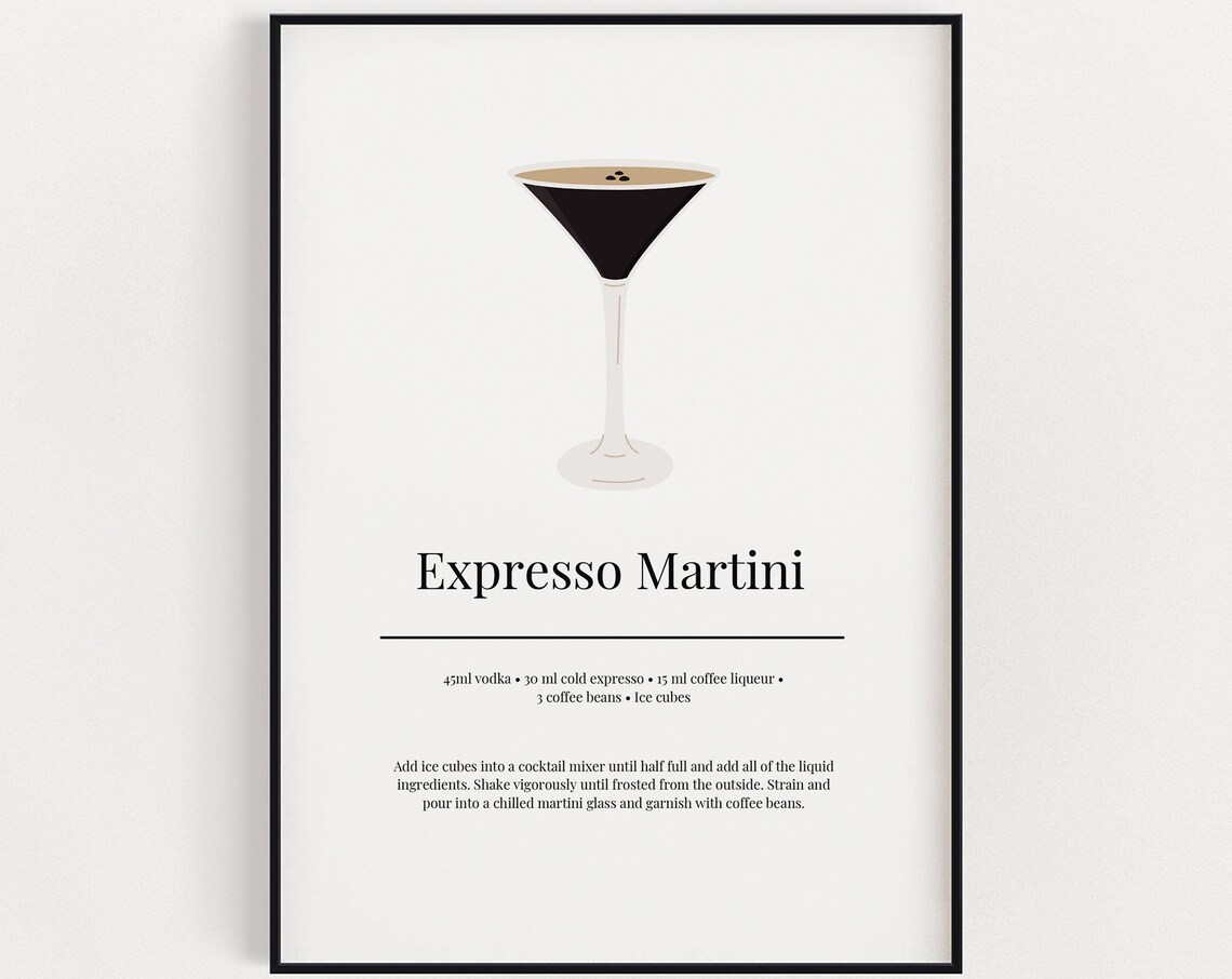 Expresso Martini Recipe Minimalist Cocktail Art Print Kitchen Bar Cart Decor