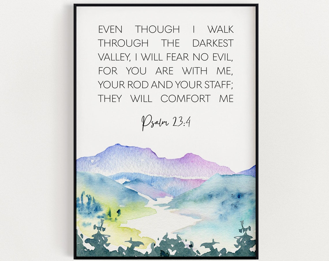 Psalm 23:4 Bible Verse Watercolor Mountain Valley Scene Poster