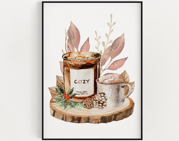 Cozy Candle Hot Cocoa Watercolor Winter Warm Holiday Kitchen Print